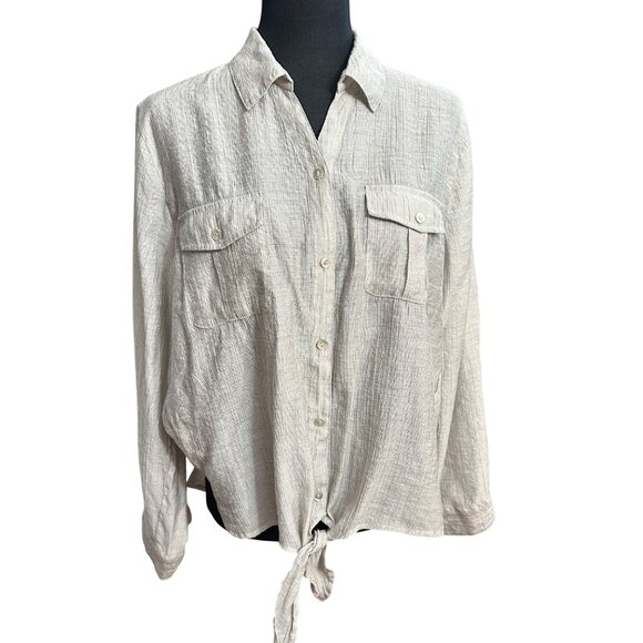Chico's Shirt Size 2 L Begie Tie Front Button Up Roll Tab Sleeves Lightweight - Picture 1 of 11